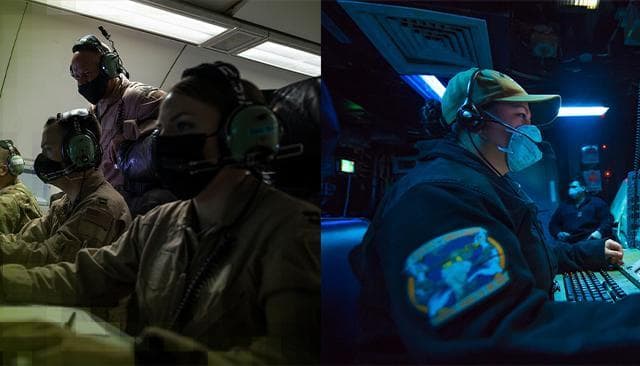 Collage of U.S. Air Force and Navy personnel at computers.
