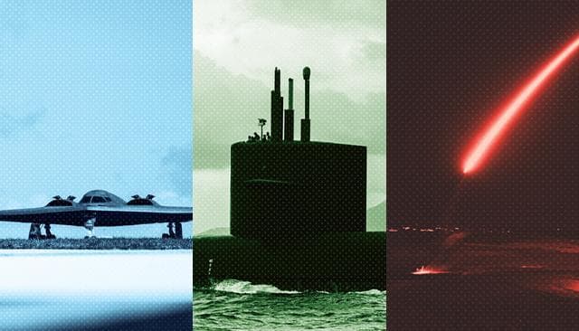 Collage of a bomber aircraft, submarine, and the lit arc of a missile launch.