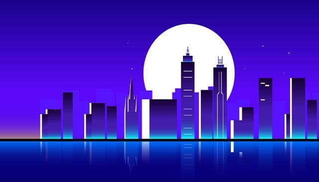 Illustration of a city skyline at night.
