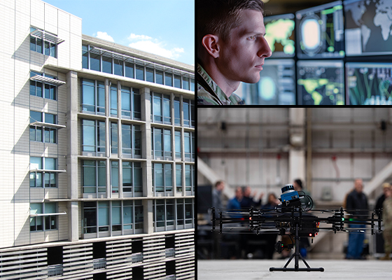 Photo of SIS Building, a drone and a war fighter at a computer