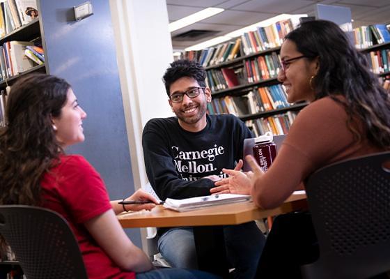 A photo of SEI interns meeting at a table in a library