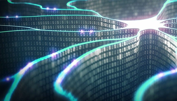 Neon blue axon fibers made of binary code branching out from a bright white nucleus.