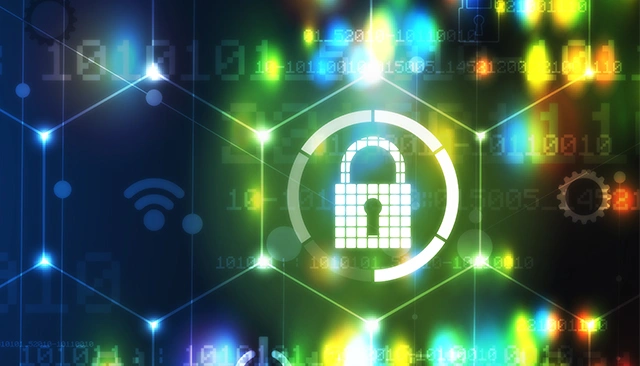 White lock surrounded by bright white hexagons in front of a background of colorful blurry lights.