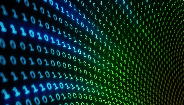 Close-up of blue and green binary code.
