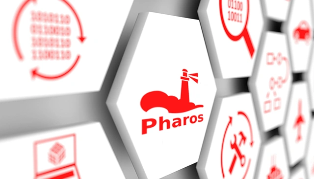 Pharos logo surrounded by toolset icons inside of white hexagons.