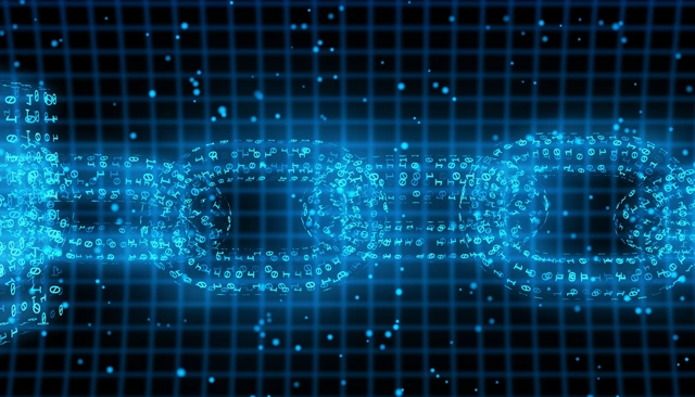 Digital art of cybersecurity depicted as neon blue numbers forming a linked chain.