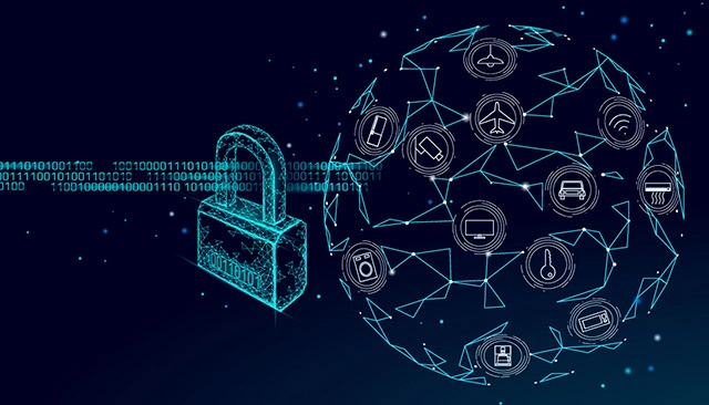 Digital artwork depicting a lock monitoring data sent from Internet-of-Things devices into a larger network system.