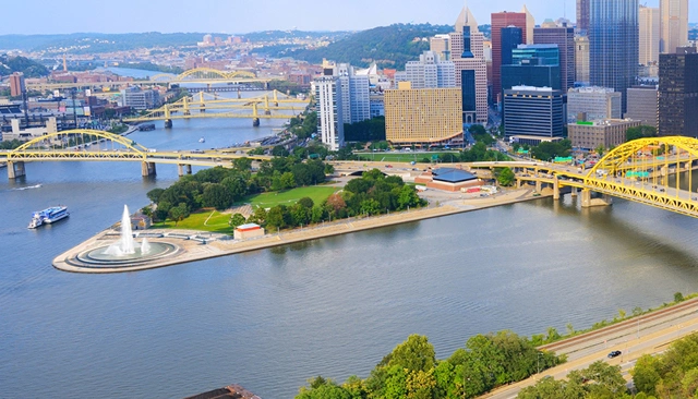 Aerial view of the city of Pittsburgh on a sunny day.