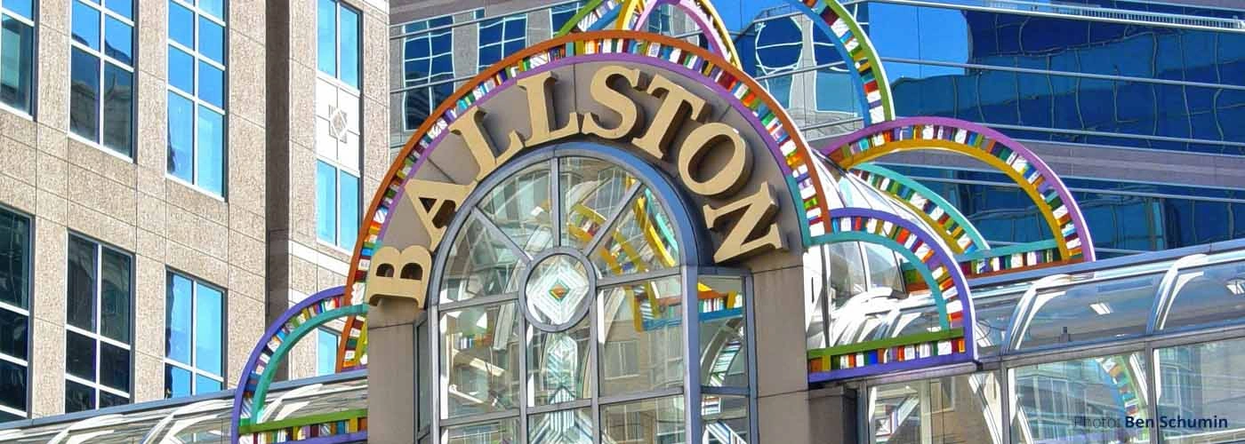 Ballston Metro pedestrian bridge entrance in Arlington, Virginia.