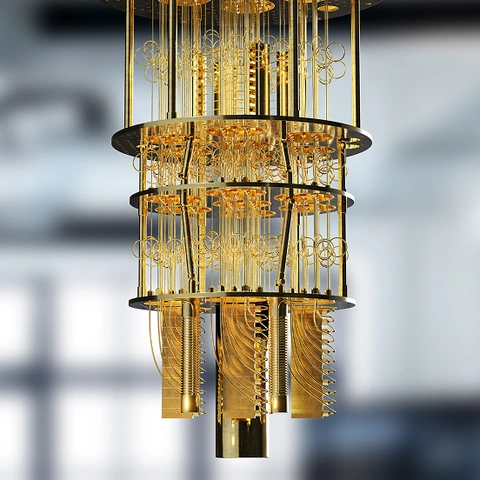 Quantum computing hardware in a lab environment.