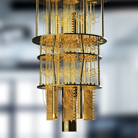 Quantum computing hardware in a lab environment.