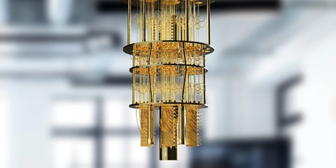 Quantum computing hardware in a lab environment.