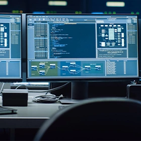 Three computer monitors on a desk displaying various code.