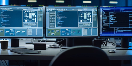 Three computer monitors on a desk displaying various code.