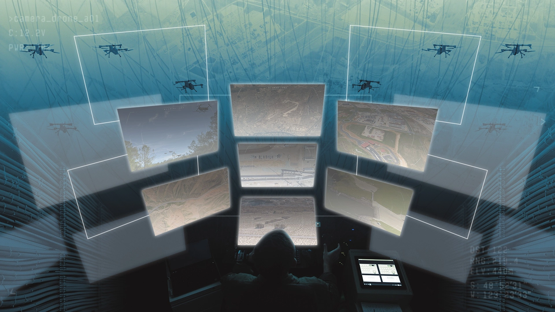 Warfighter-AI Partnership. An operator absorbs data streams from drones and aerial surveillance represented by screens with aerial photos on some, pipes and wires in the background leading to the operator.