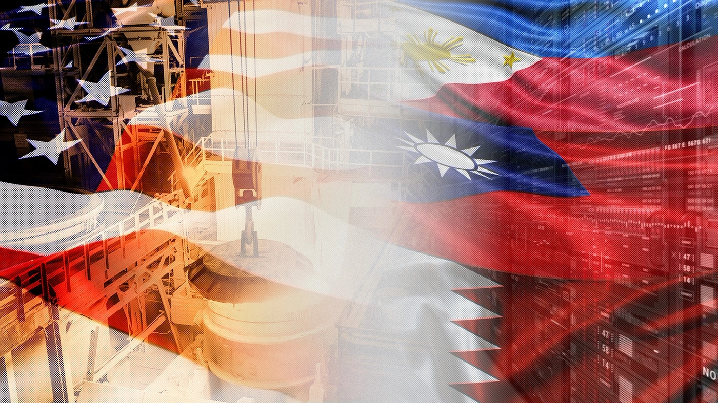 IMCITE. The US flag blends into the flags of the Philippines, Taiwan, and Bahrain. A steel foundry's crucible, server racks, and growth charts are overlaid.