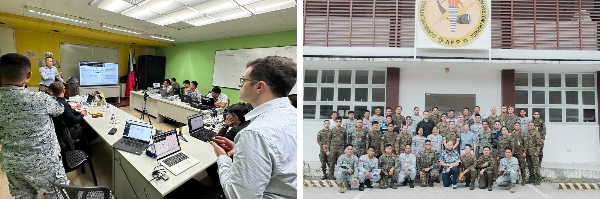 Philippines IMCITE engagement. Left photo: The SEI’s Matt Kaar and Dave Tileston facilitate an IMCITE engagement with the Philippine defense forces. Right photo: Members of the Philippine armed forces gathered with SEI engineers.