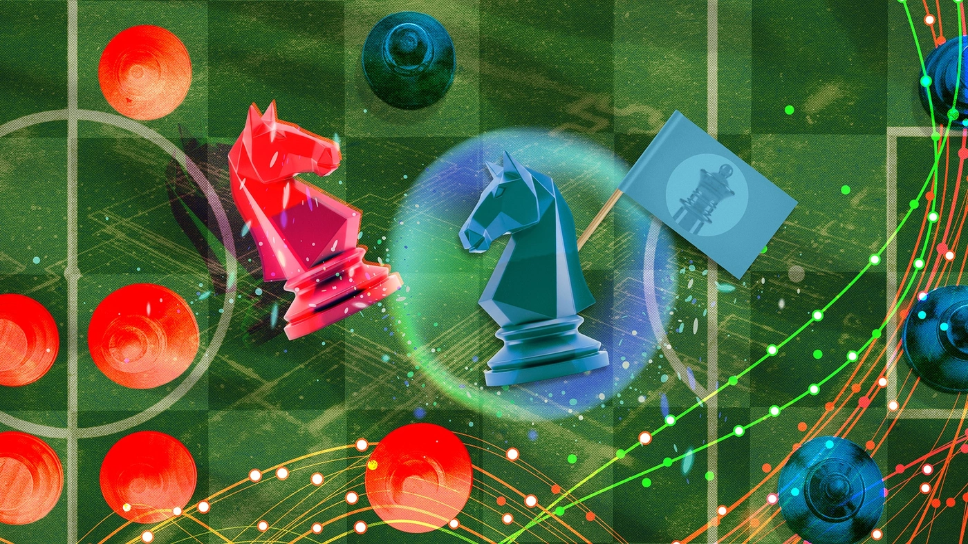 AI CTF auto-grader. A red knight chess piece is repelled by a blue knight holding a blue flag. Both knights appear on a combination chessboard and soccer field with other pieces and swirling nodes nearby.