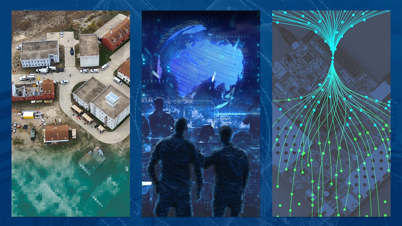 DIU. First, an aerial image of disaster-struck buildings, the bottom pixelated. Second, two airmen regard a control room of people overlaid in an abstract cyberspace fading into a globe. Third, an illustrated machine learning model on a circuit board.