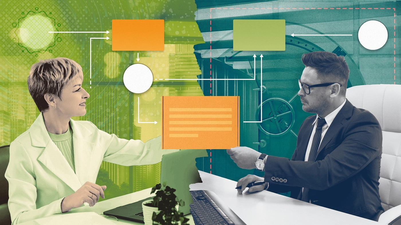 AVASST and CREW. A person at a computer, backgrounded by swirling data, hands something across a torn divide to a person on the right, backgrounded by a vault door. A flow diagram is in the foreground.