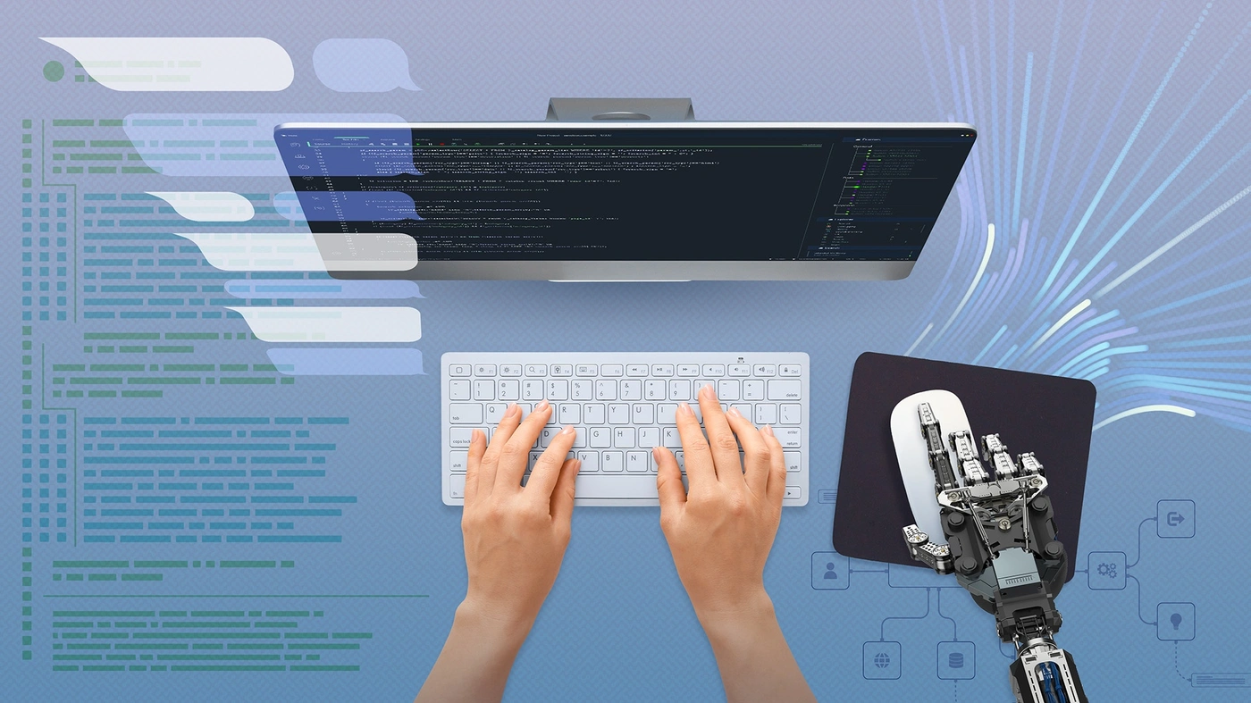 Shift Left study. Human hands work on a keyboard. A robotic hand operates a mouse and takes in streams of data and inputs. To the left there is a stack of abstracted code and a chatlog.