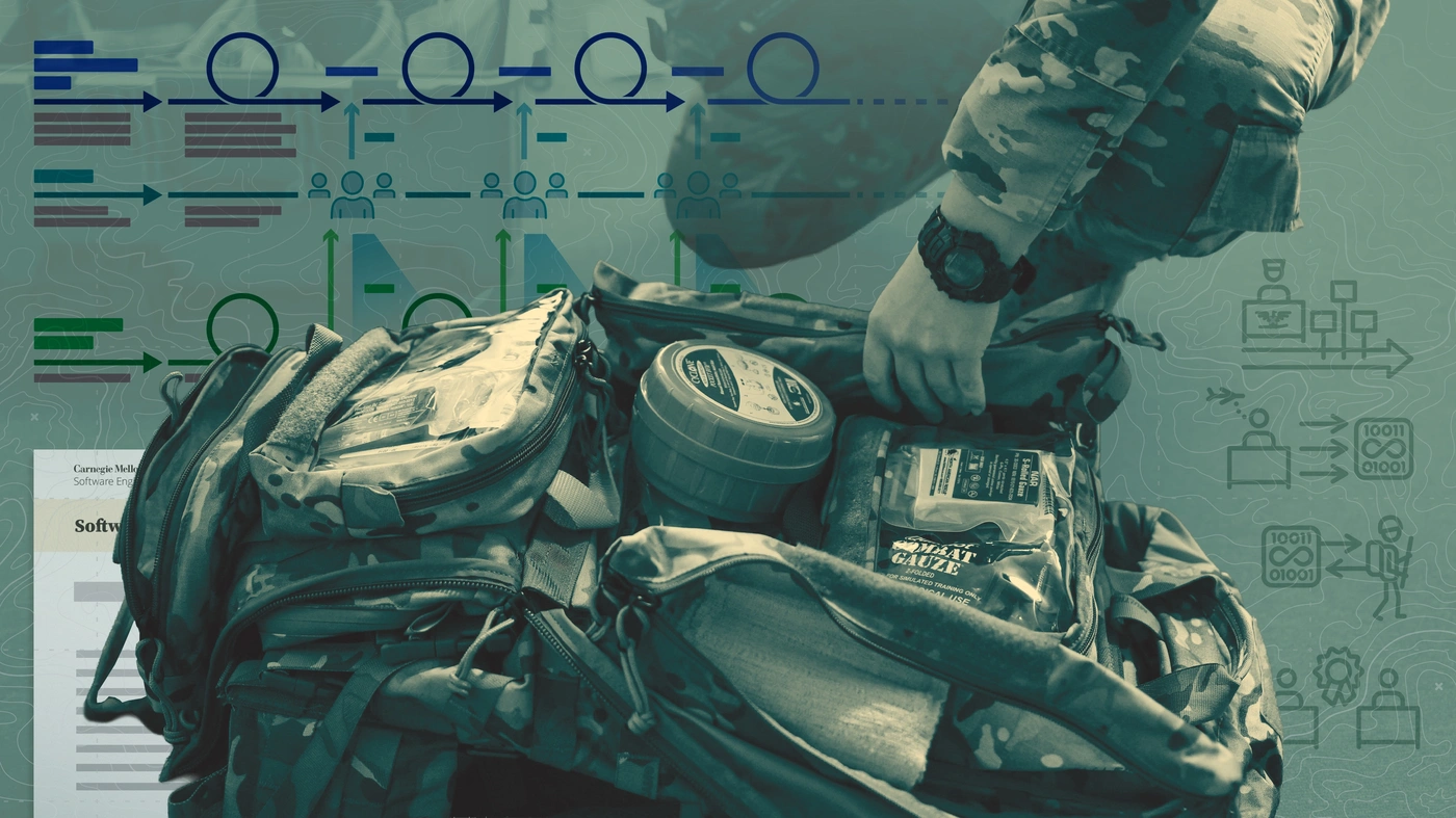 Go Bag. An airman packing their bag is overlaid with an orienteering pattern, itself overlapping a simplified diagram of the Software Acquisition Pathway and a fact sheet.