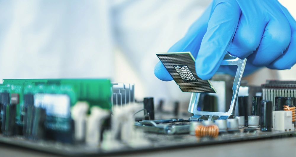 Gloved hand installing a computer processor chip.