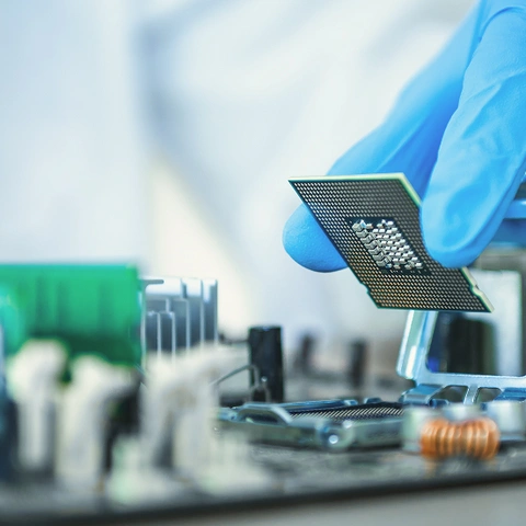 Gloved hand installing a computer processor chip.