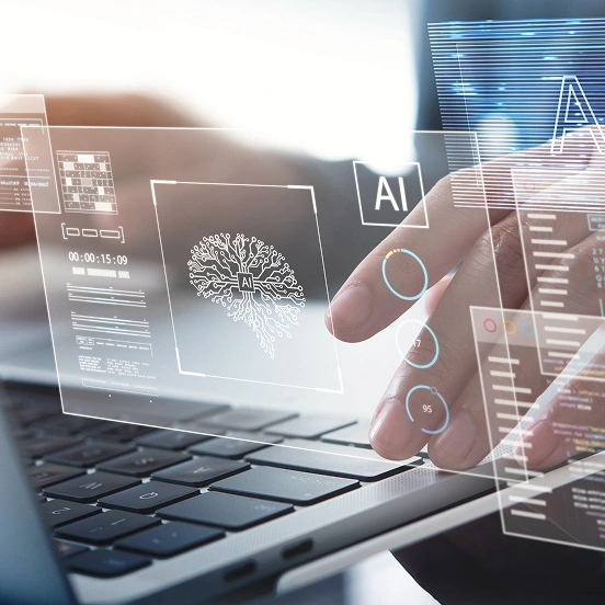 Person using a laptop with overlaid AI interface graphics.