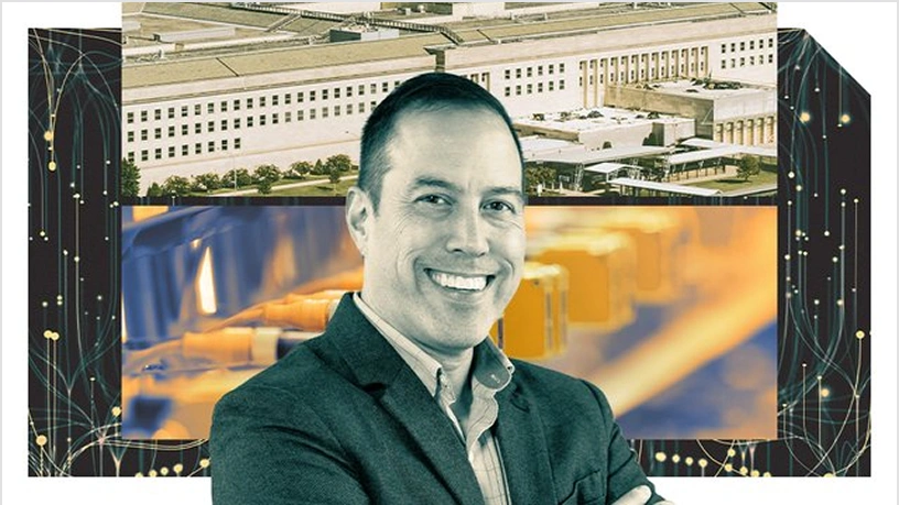 Headshot of Robert Beveridge overlaid on a collage of a the Pentagon and abstract technology imagery.