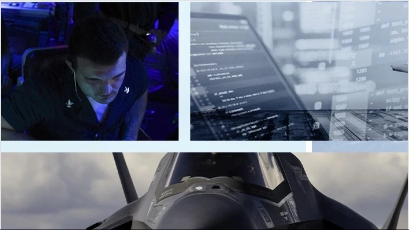 Collage of a service member working at a computer, code on screens, and a close-up of an F-35 fighter jet cockpit.