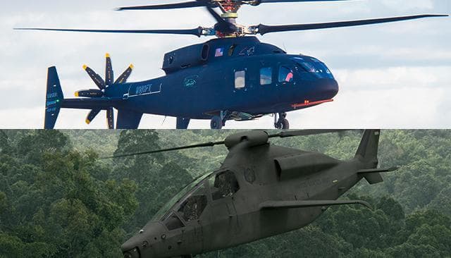 Photo illustration of two helicopters.