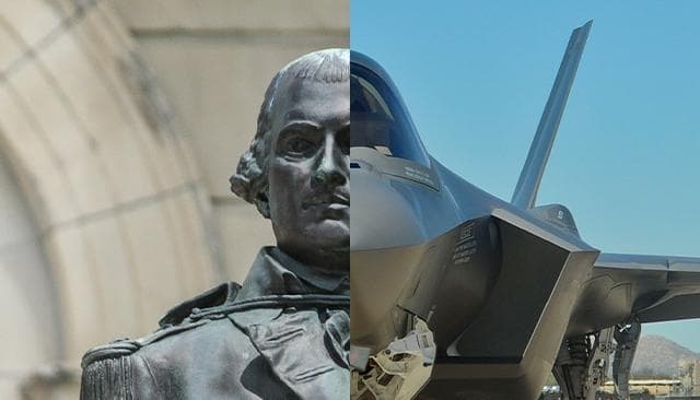 Vertically split images of a statue and a fighter jet.