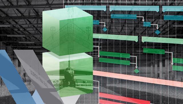 Abstract illustration of a B-52 bomber plane, an airplane hangar, and a project plan.