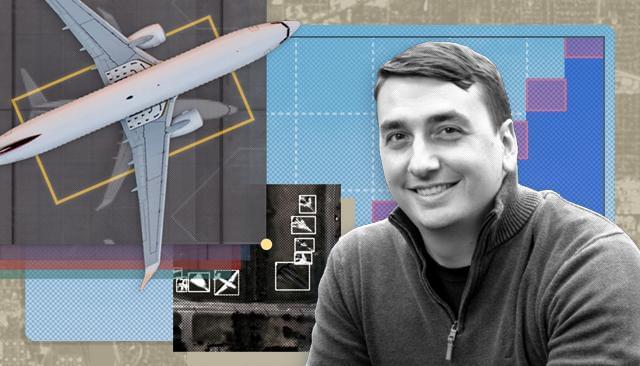 Headshot of Eric Heim against an illustrated background of a jet plane, grids, and a satellite image.