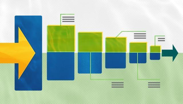 Abstract diagram of a filter, with large rectangles on the input end and small rectangles on the output end.