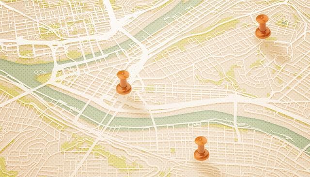 Illustration of a map of downtown Pittsburgh with three pushpins.