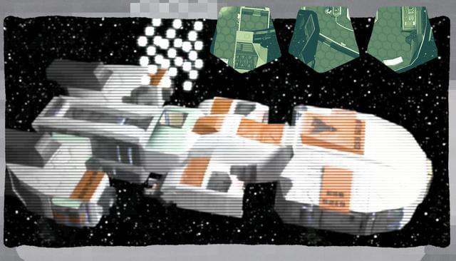 Screen shot of a space ship from the video game Cubespace.